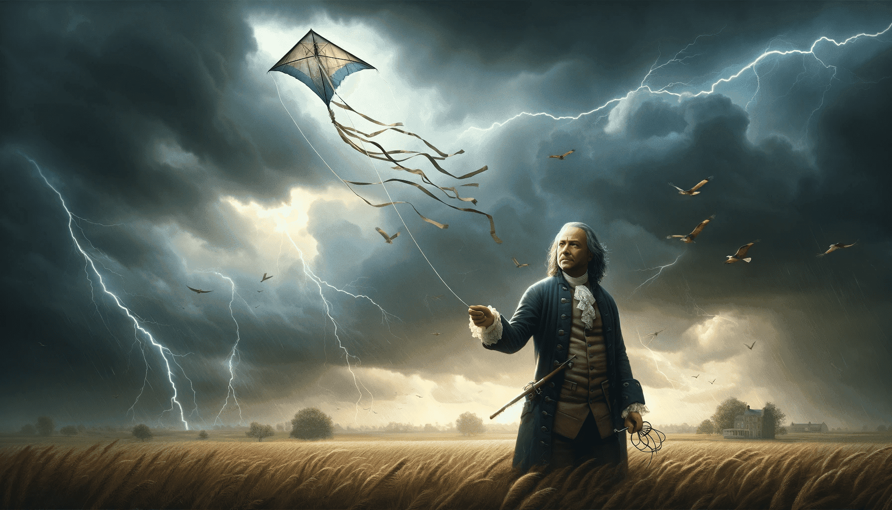 Benjamin Franklin com uma pipa em meio a uma tempestade
