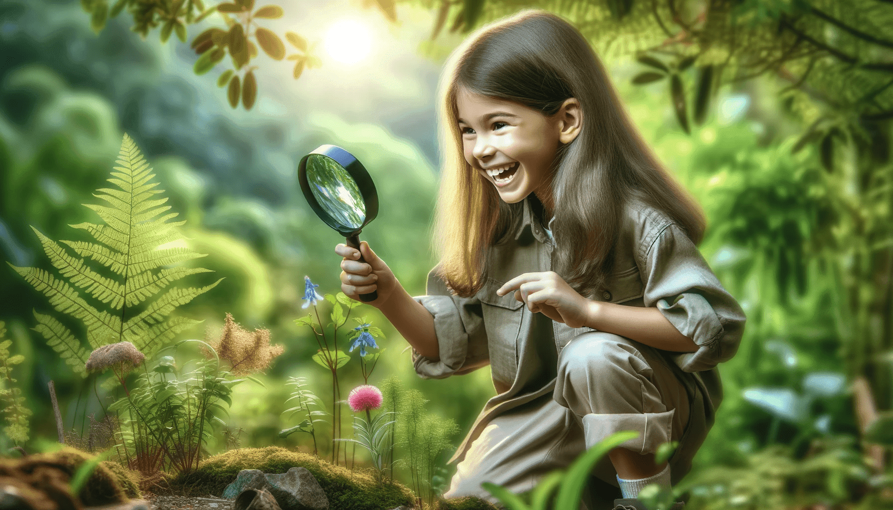 Uma menina curiosa em uma floresta olhando para o chão com uma lupa em busca do descobrimento de algo novo